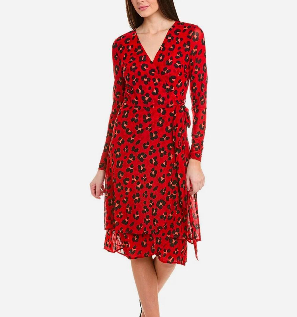 CAbi #5571 Siren Wrap Dress Midi Length V-Neckline Leopard Print Red XXL